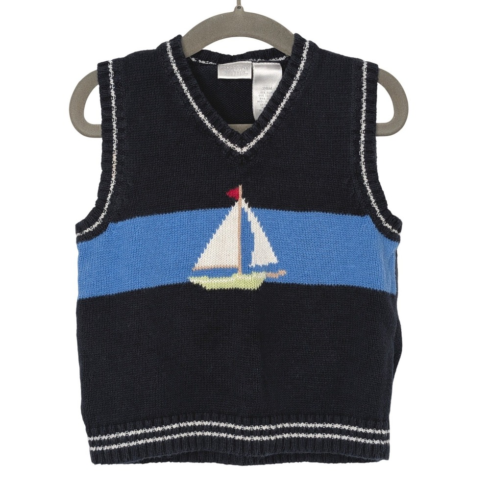 Perfectly Dressed Kids Navy Blue Sailboat Knit‎ Sweater Vest 24M Nautical V-Neck